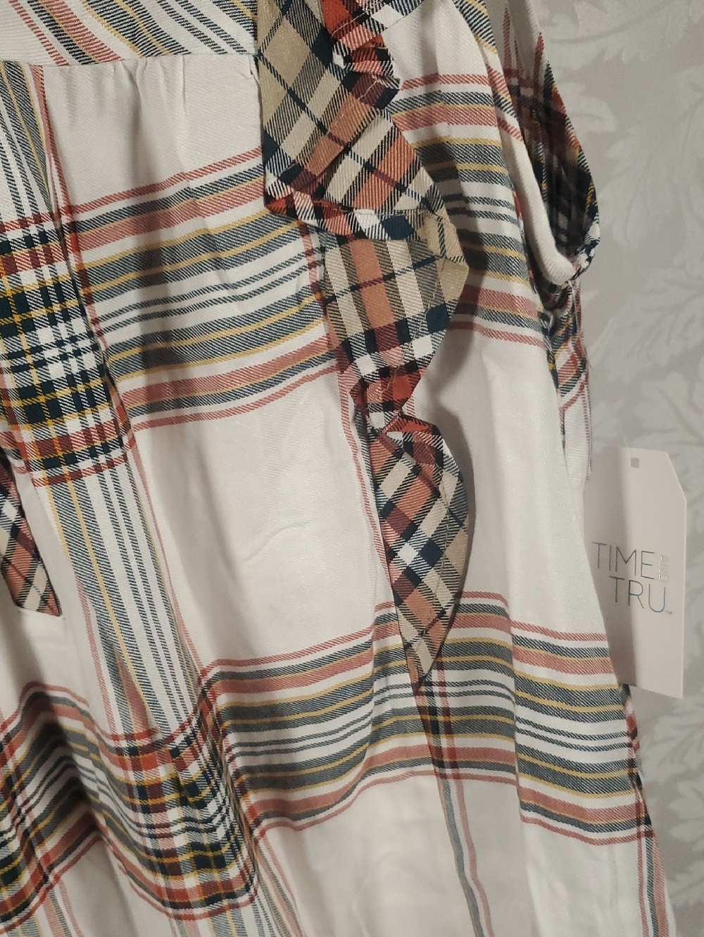 Time and Tru White Plaid Ruffle Sleeveless Top - Rust & Olive - Picture 2 of 6